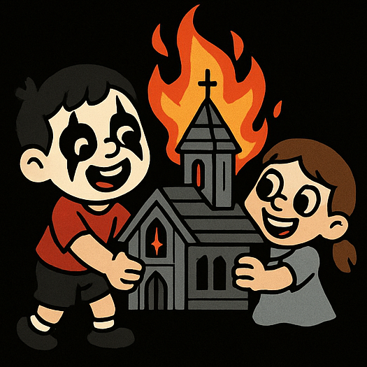 Kids playing near a burning church